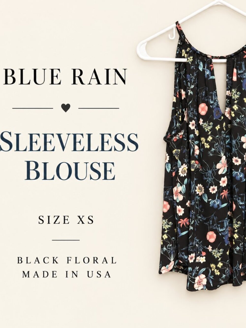 Blue Rain Black Floral Sleeveless Keyhole Blouse Top XS